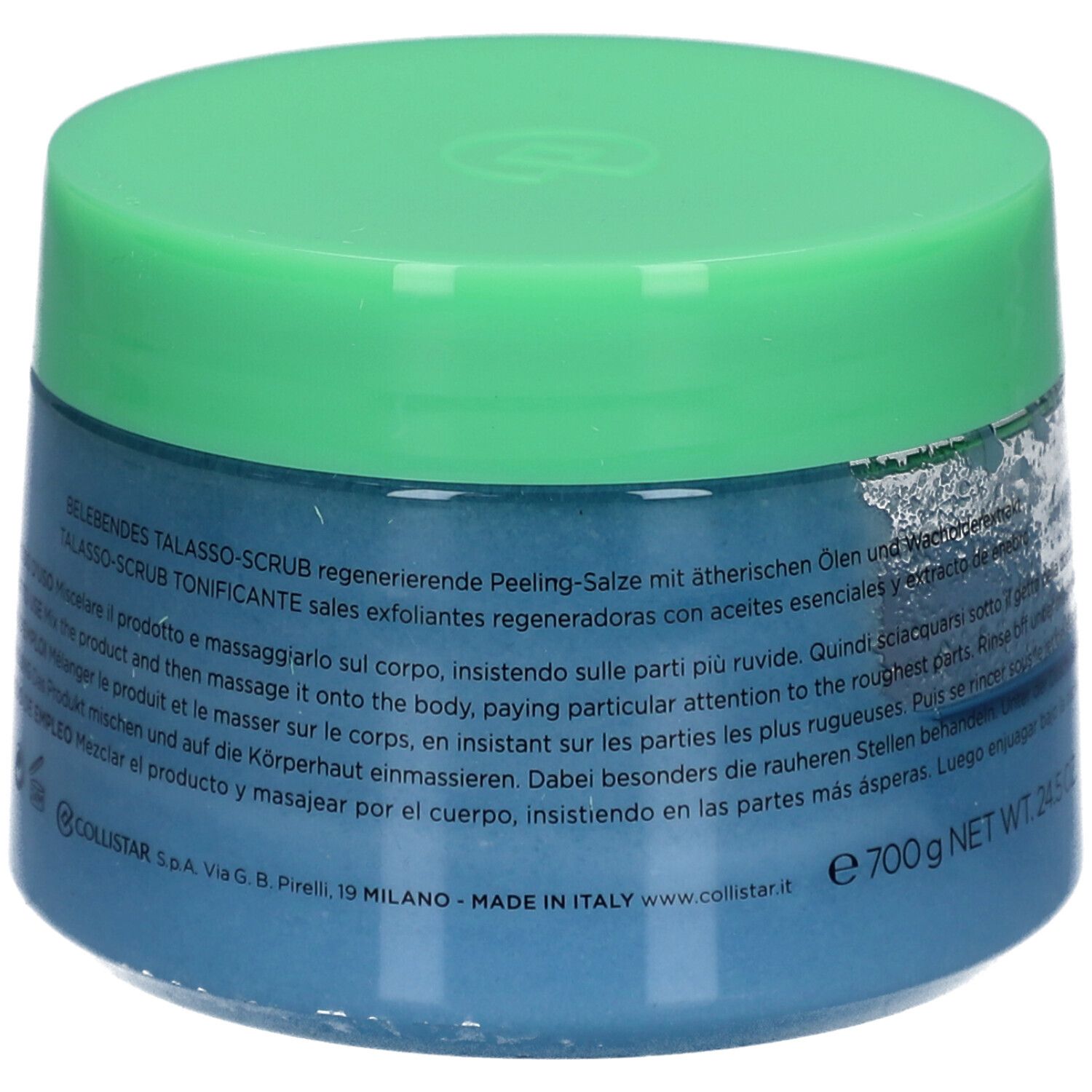 Blaues Glas mit grünem Deckel. Text in mehreren Sprachen. Hergestellt in Italien. Gewicht: 700g / 24.5 OZ.