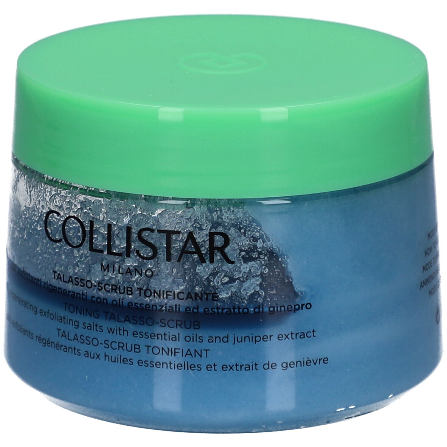 Blaues Glas mit grünem Deckel. Aufschrift: COLLISTAR MILANO. Produktname und Text in mehreren Sprachen.
