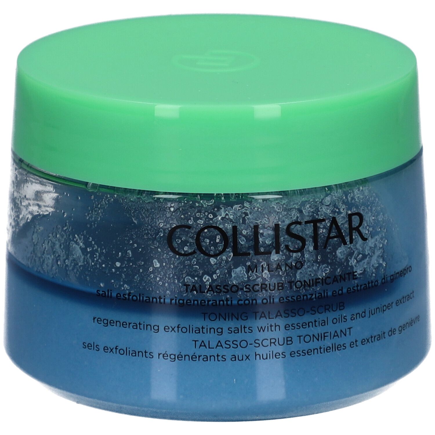 Blaues Glas mit grünem Deckel. Aufschrift: COLLISTAR MILANO. Produktname und Text in mehreren Sprachen.