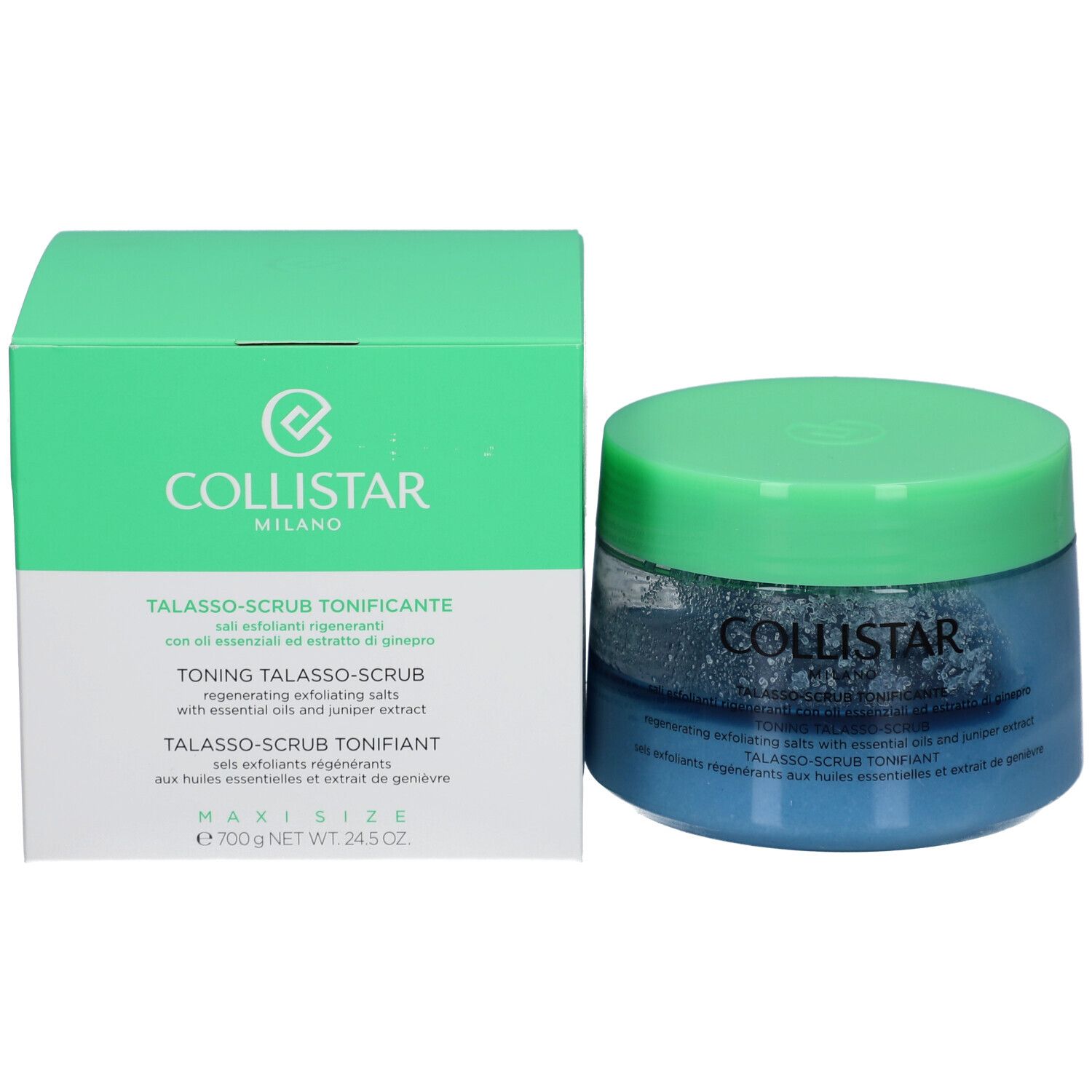 Produktverpackung mit blauem Glas und grünem Deckel. Aufschrift: COLLISTAR. Text in mehreren Sprachen.