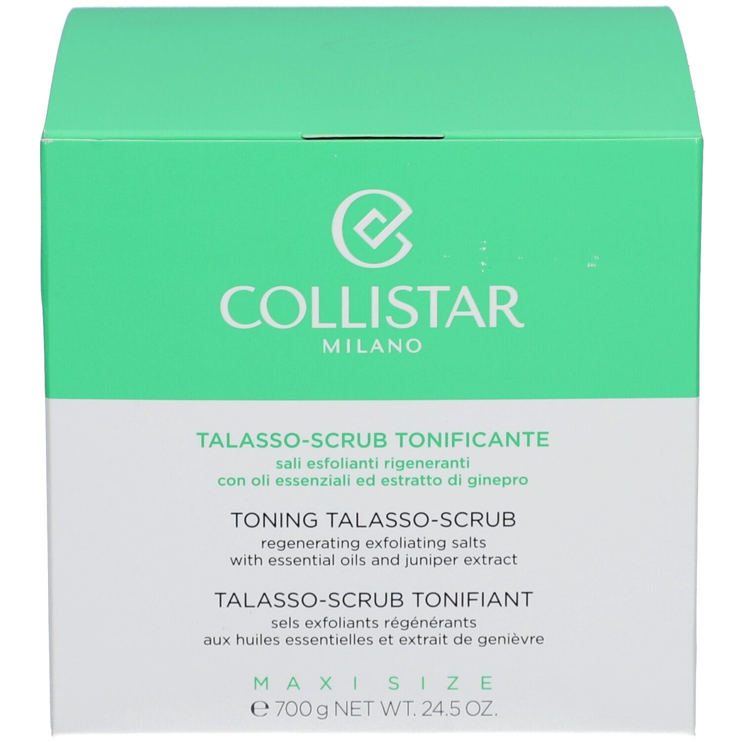 Grüne Produktverpackung. Aufschrift: COLLISTAR MILANO. Produktname und Text in mehreren Sprachen. Gewicht: 700g / 24.5 OZ.