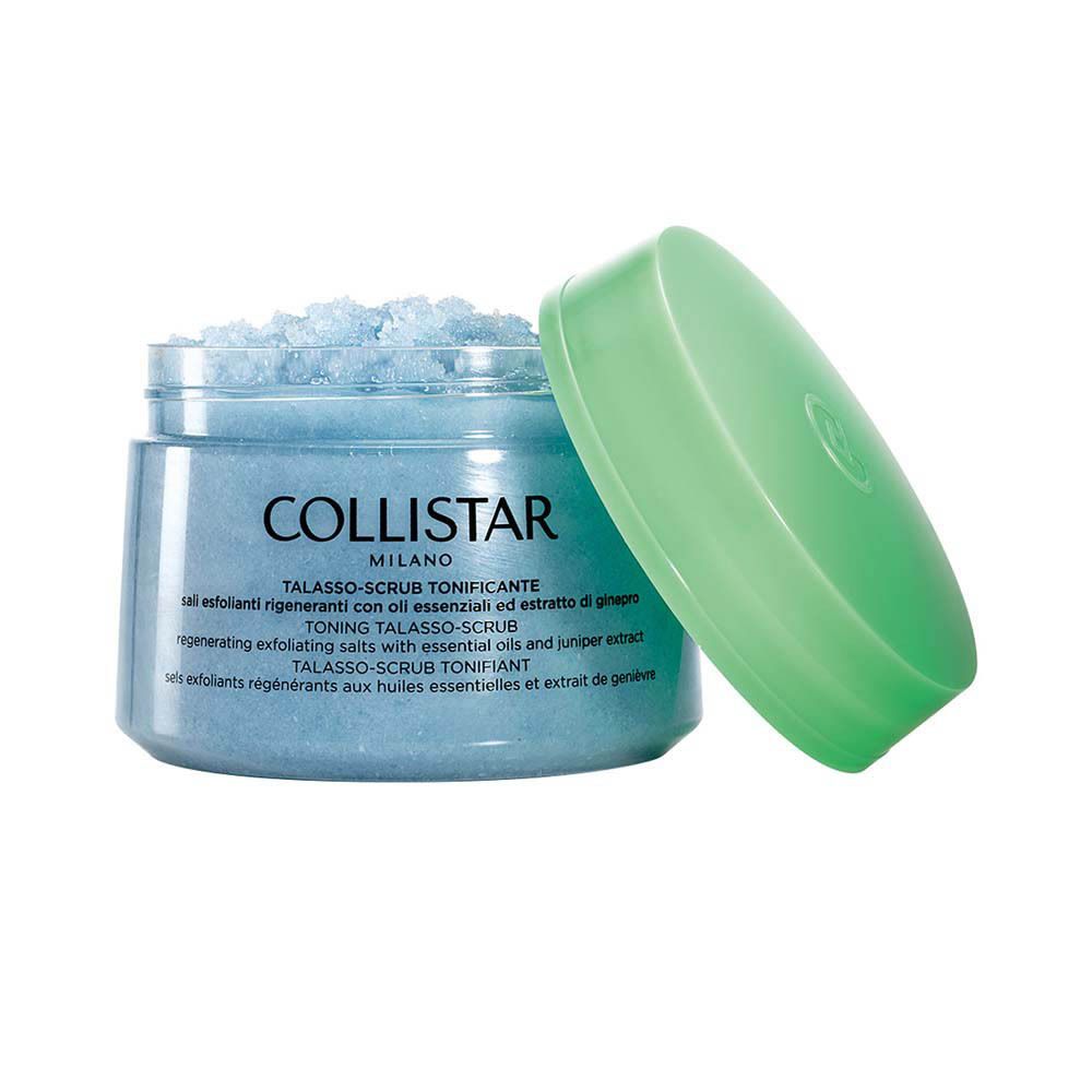 Pot bleu avec couvercle vert. Couvercle ouvert. Inscription COLLISTAR MILANO. Texte en plusieurs langues.
