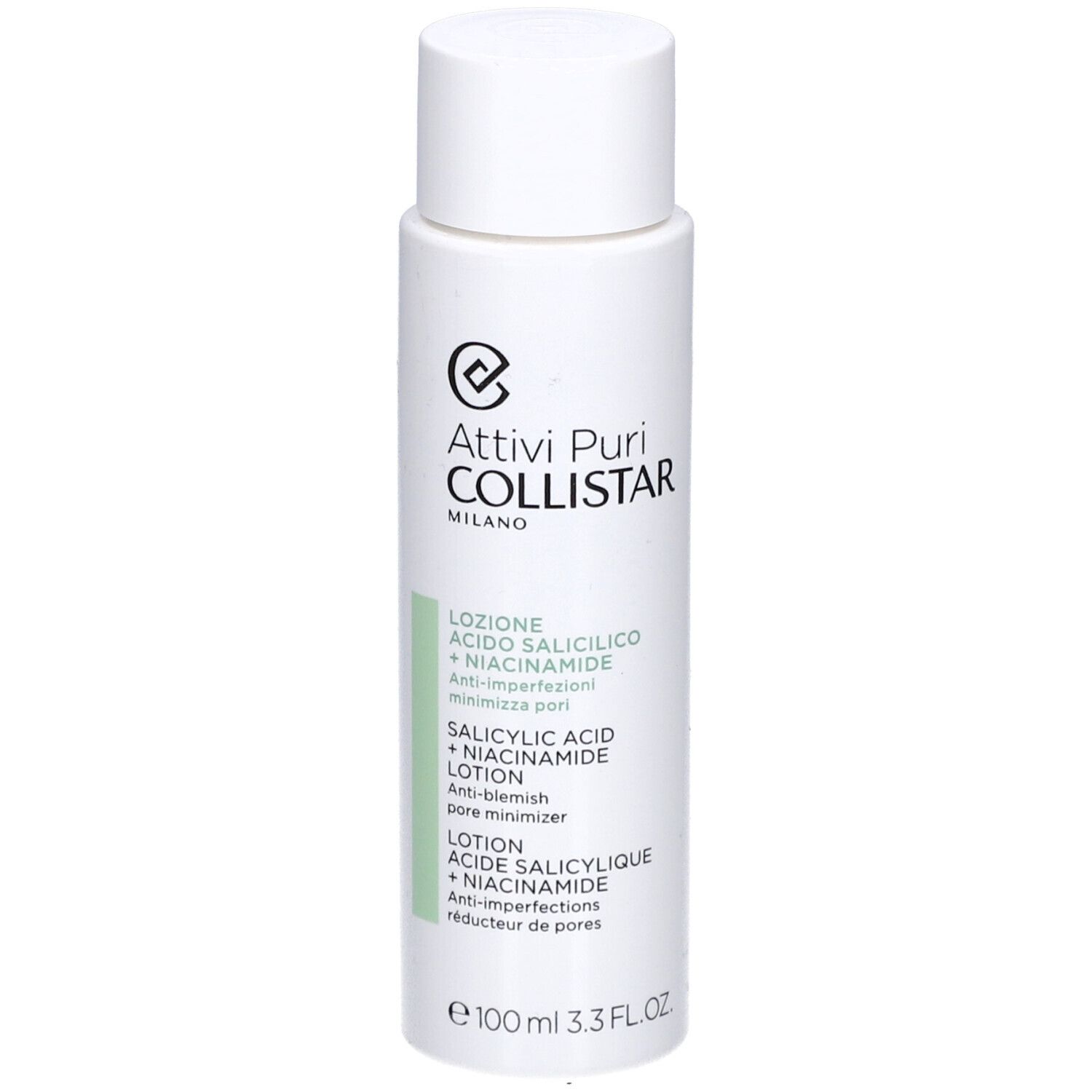 Weiße Flasche mit Deckel. Aufschrift: Collistar, Salicylsäure + Niacinamid Lotion. 100 ml.