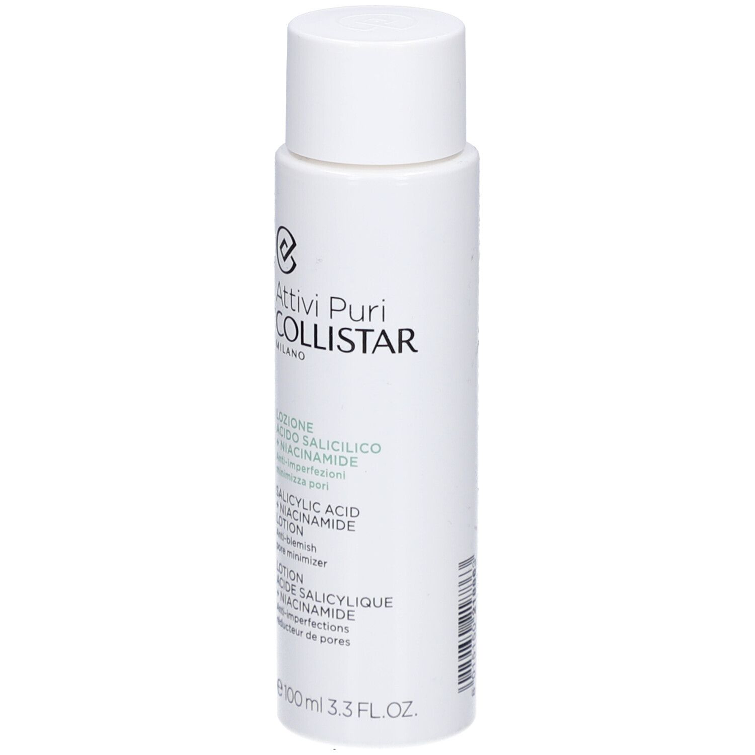 Weiße Flasche mit Deckel. Aufschrift: Collistar, Salicylsäure + Niacinamid Lotion. 100 ml.