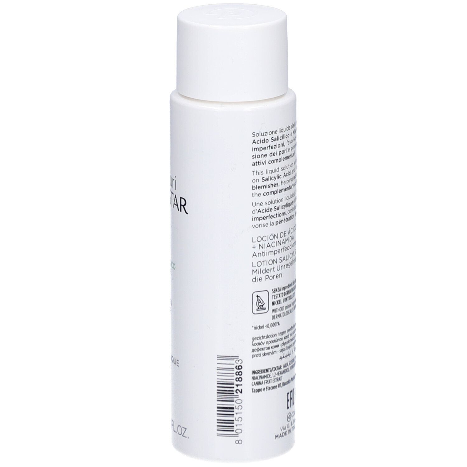 Weiße Flasche mit Deckel. Aufschrift: Collistar, Salicylsäure + Niacinamid Lotion. 100 ml.