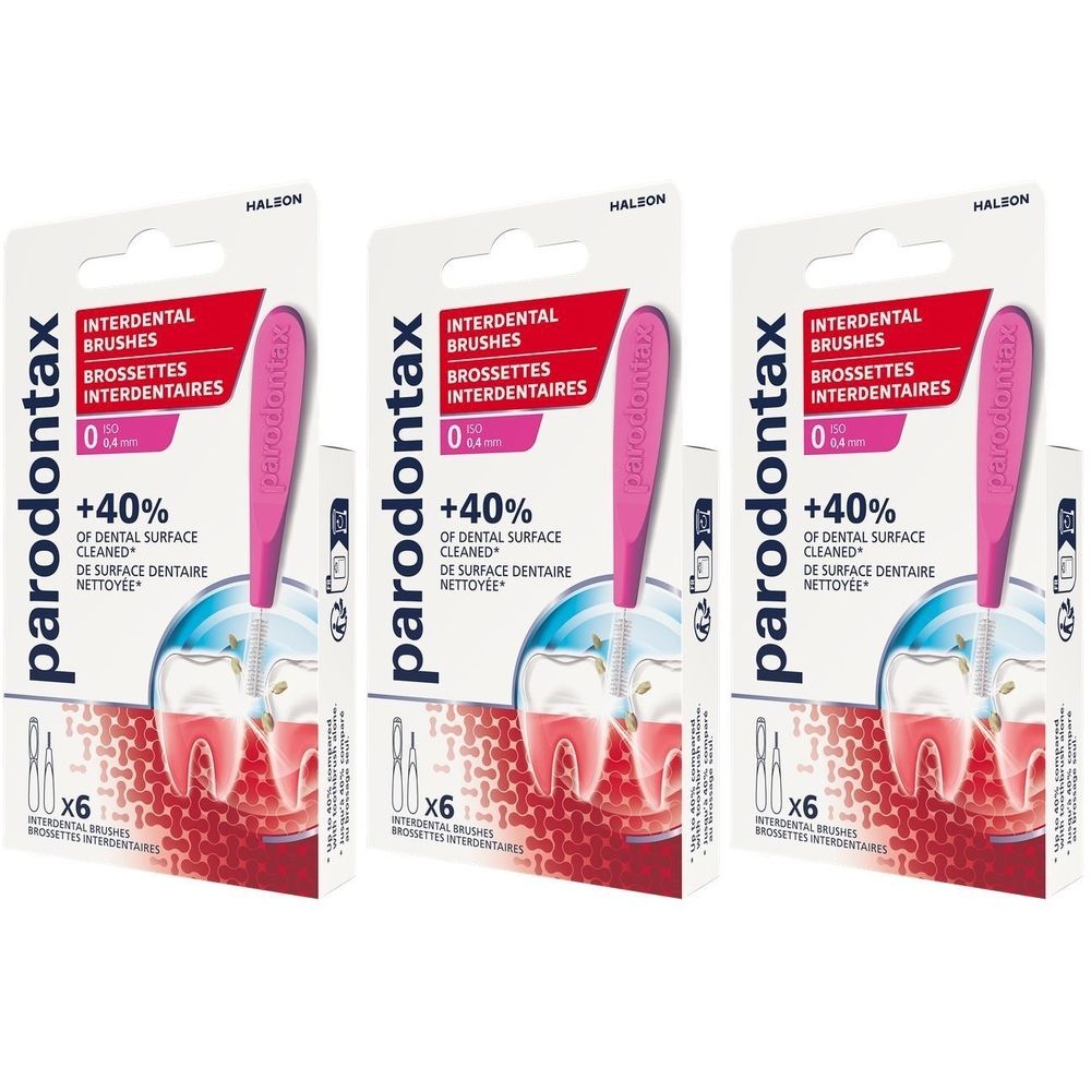 Trois paquets de PARODONTAX Interdental brushes T0 0,4 mm. Emballage avec nom et logo du produit.