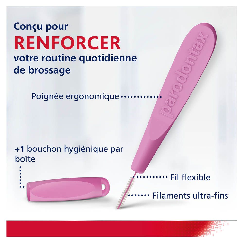 Brosse interdentaire rose avec manche ergonomique et capuchon. Soies flexibles et filaments ultra-fins.