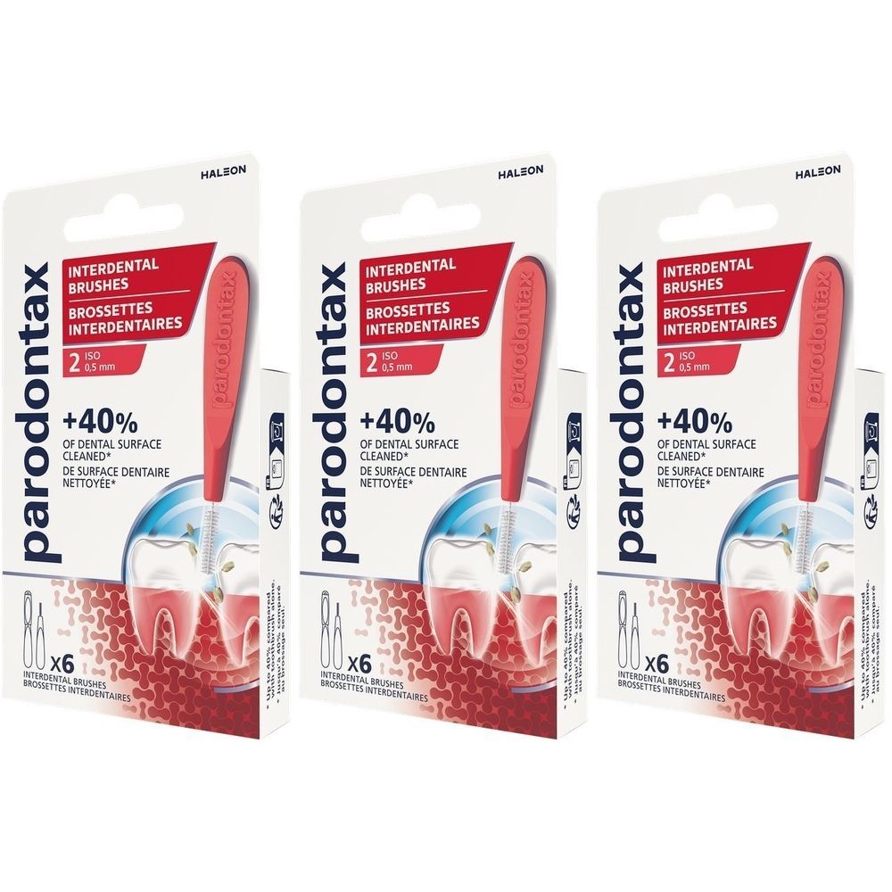 Trois paquets de Parodontax Interdentalbürsten T2 0,5 mm. Emballage avec image du produit et texte.