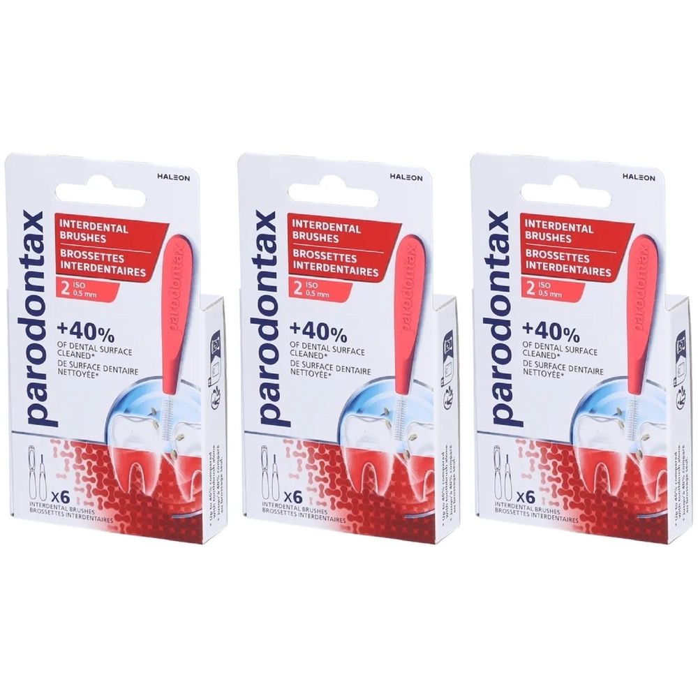 Trois paquets de Parodontax Interdentalbürsten T2 0,5 mm. Emballage avec image du produit et texte.