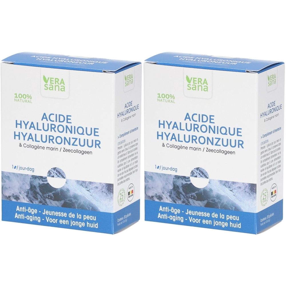 Zwei blaue Schachteln. Aufschrift: Vera Sana, Acide Hyaluronique & Collagène marin. 100% Natural. Anti-âge.