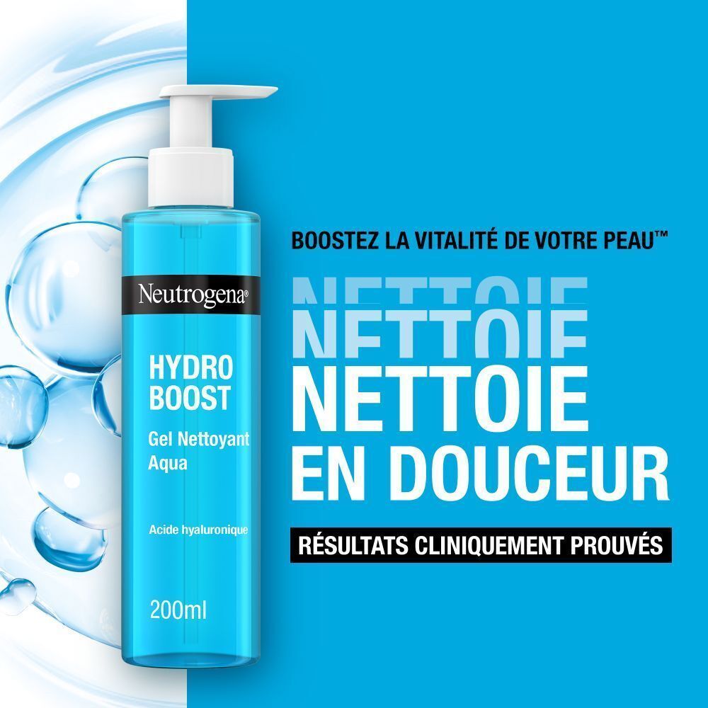 Deux flacons bleus avec pompe blanche. Inscription: Neutrogena Hydro Boost Aqua Reinigungsgel. 200ml. Offre 1+1.