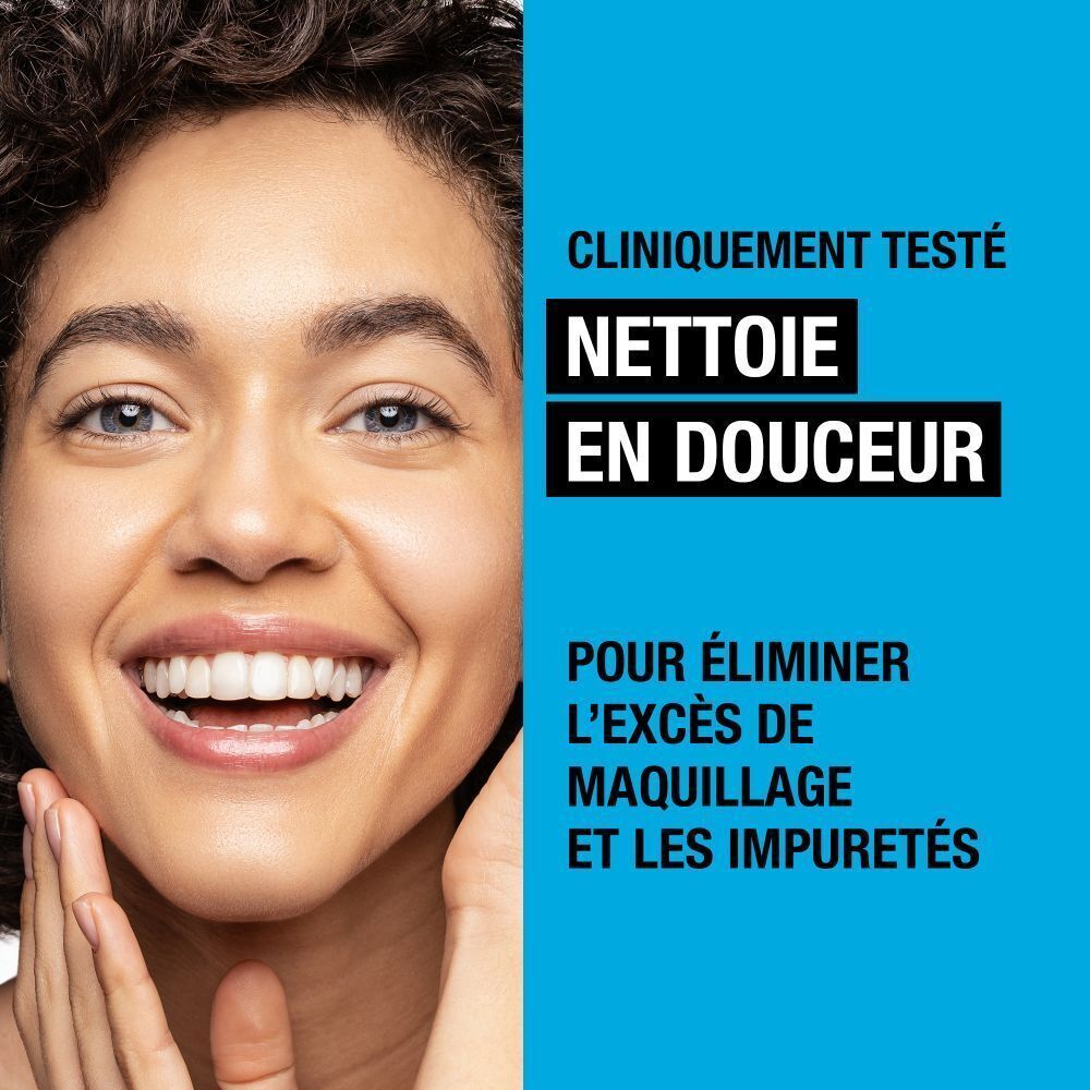 Flacon bleu avec pompe blanche. Inscription: Neutrogena Hydro Boost Aqua. 200ml. Texte: Nettoie en douceur.