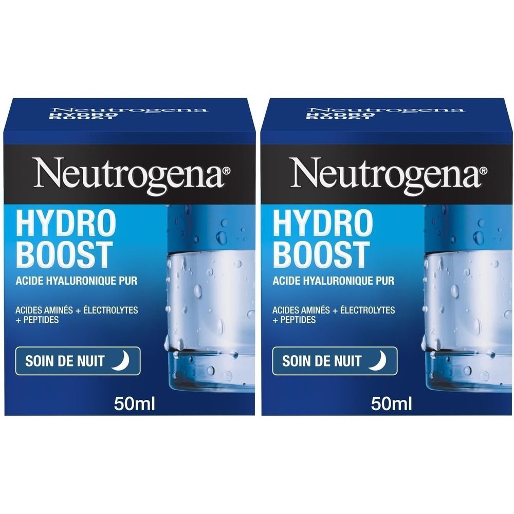Deux boîtes Neutrogena Hydro Boost. Texte: Acide Hyaluronique Pur, Soin de Nuit, 50ml.