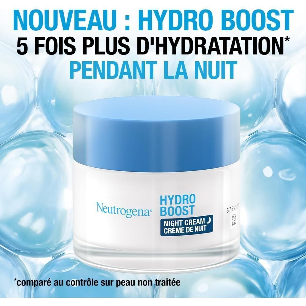 Pot de crème de nuit Hydro Boost. Inscription Neutrogena Hydro Boost. 5 fois plus d'hydratation.