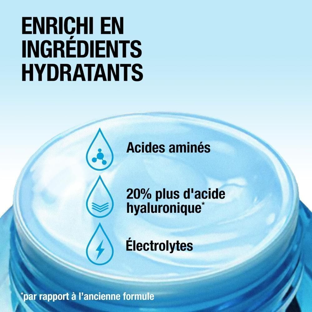 Graphique avec ingrédients : Acides aminés, 20% plus d'acide hyaluronique, électrolytes.