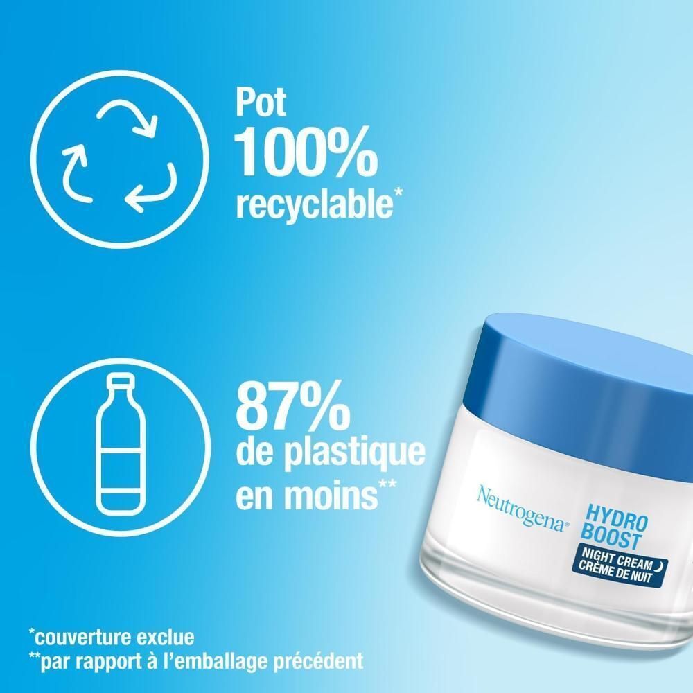 Pot de crème de nuit Hydro Boost. Texte : Pot 100% recyclable, 87% moins de plastique.