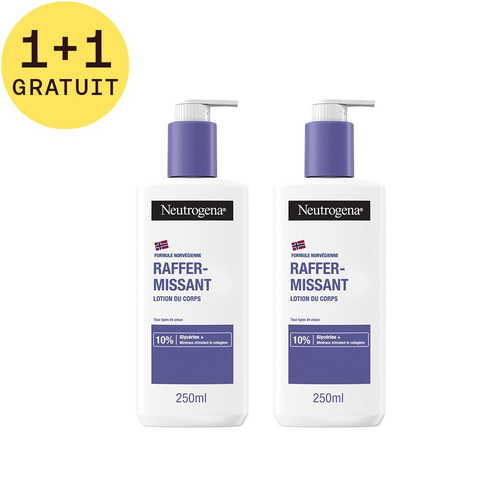 Deux flacons de lait corporel Neutrogena. Inscription: Raffermissant, tous types de peaux.