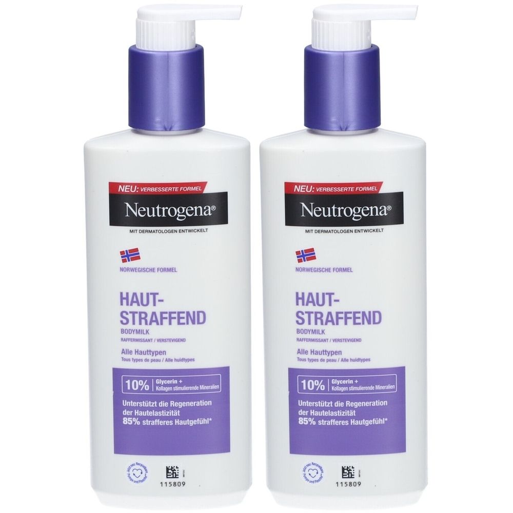 Zwei Flaschen Bodymilk mit Pumpverschluss. Aufschrift: Neutrogena, Hautstraffend, alle Hauttypen.