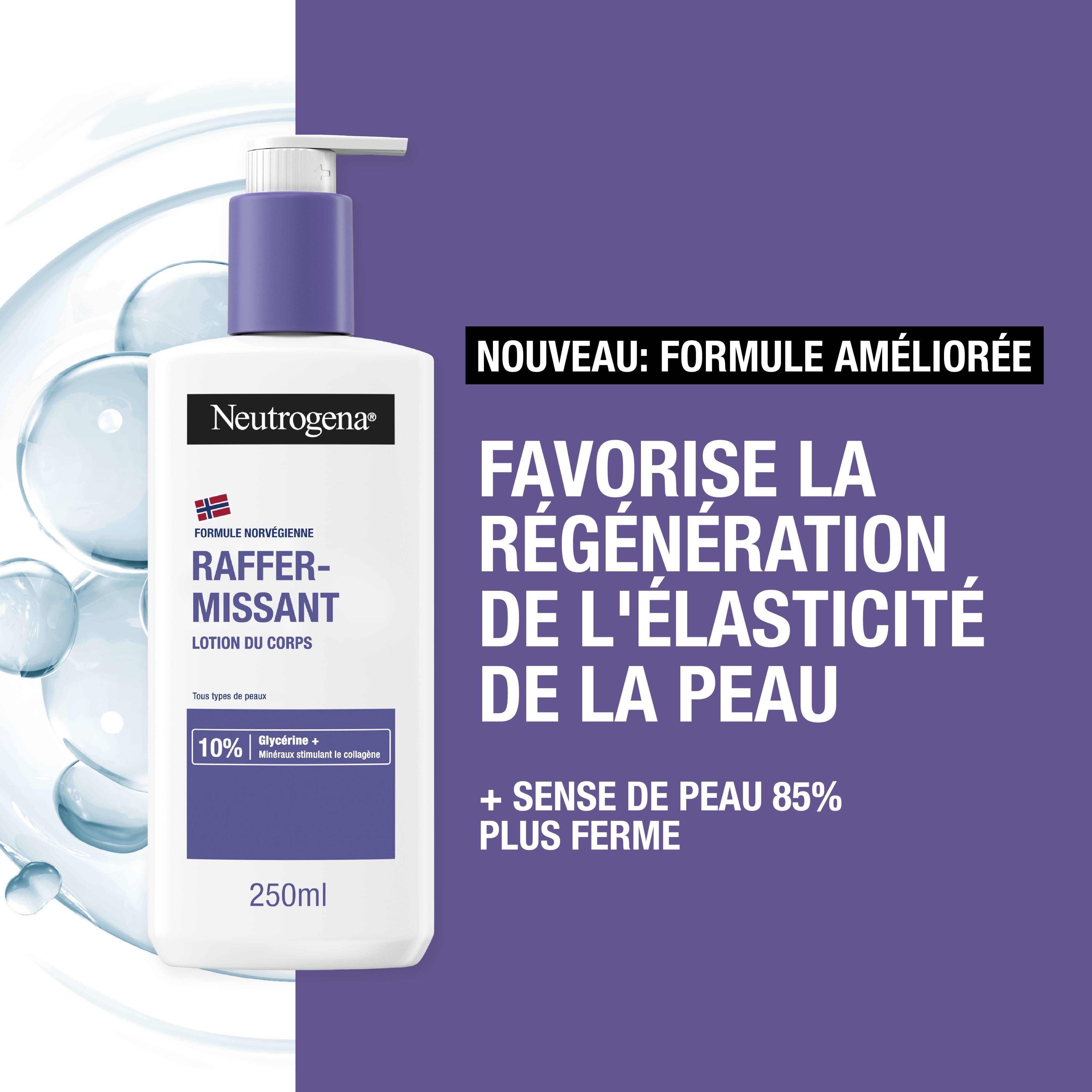 Flacon de lait corporel Neutrogena. Texte: Favorise la régénération de l'élasticité de la peau.