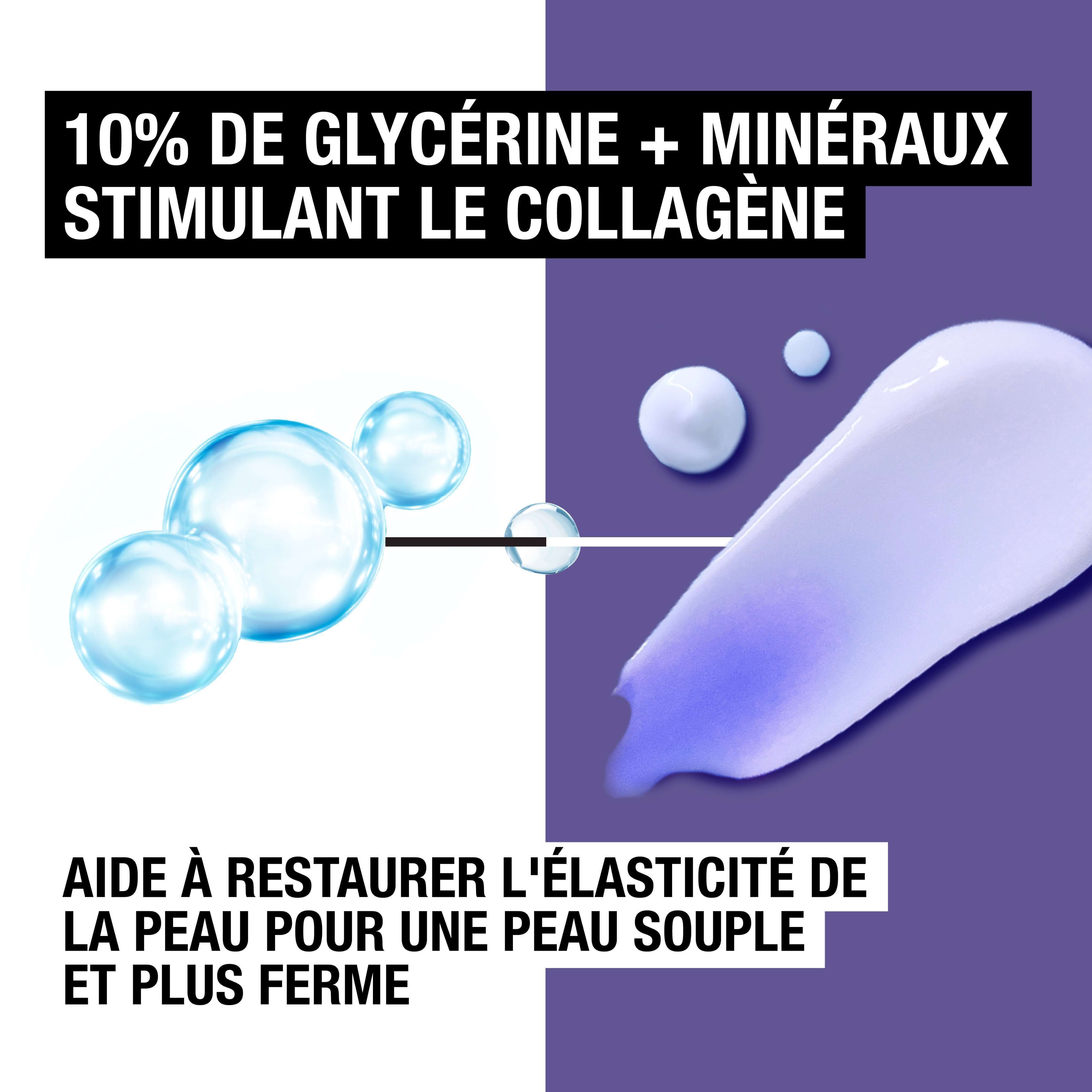 Illustration des ingrédients. Texte: 10% de glycérine + minéraux stimulant le collagène.