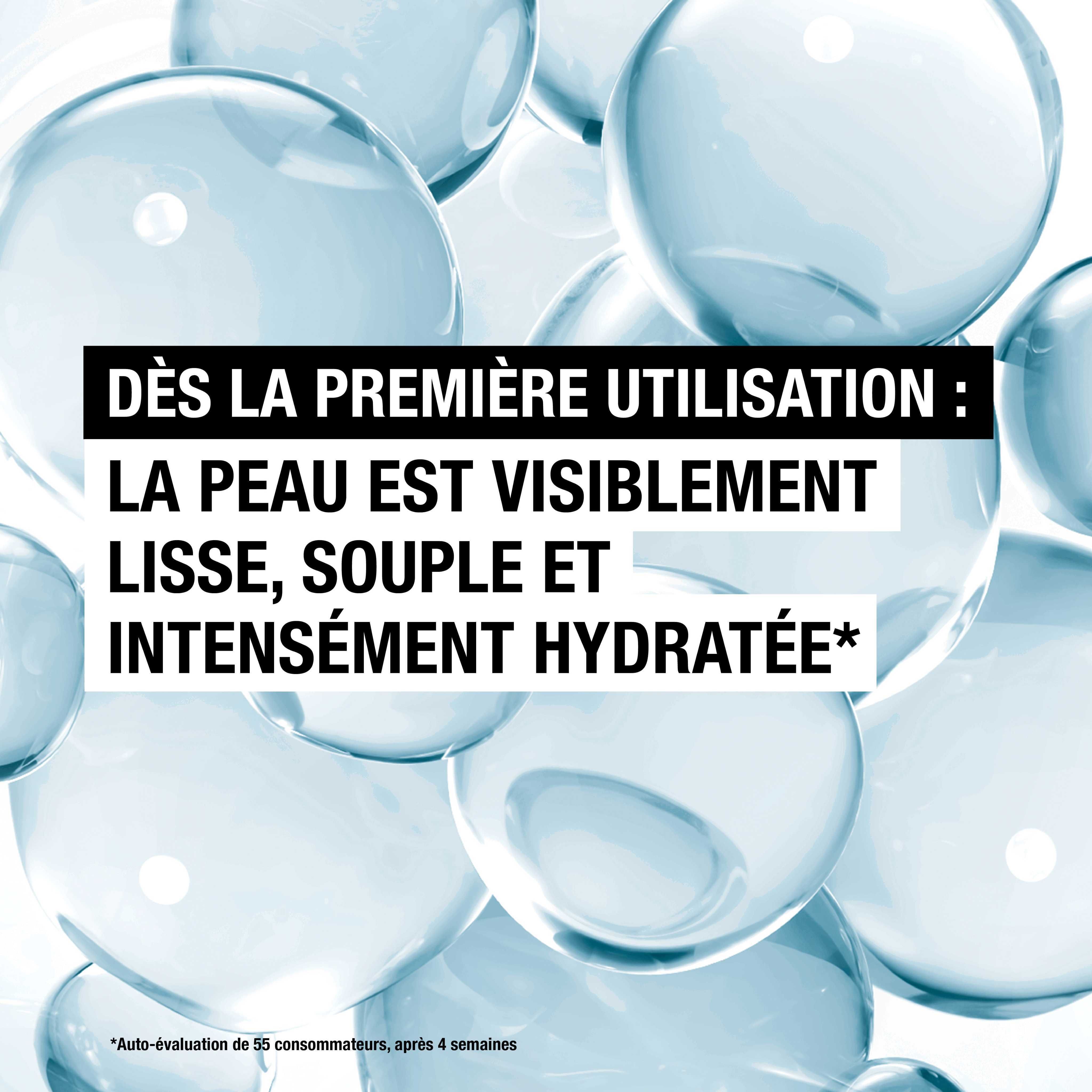 Illustration de gouttes d'eau. Texte: Dès la première utilisation: la peau est visiblement lisse.