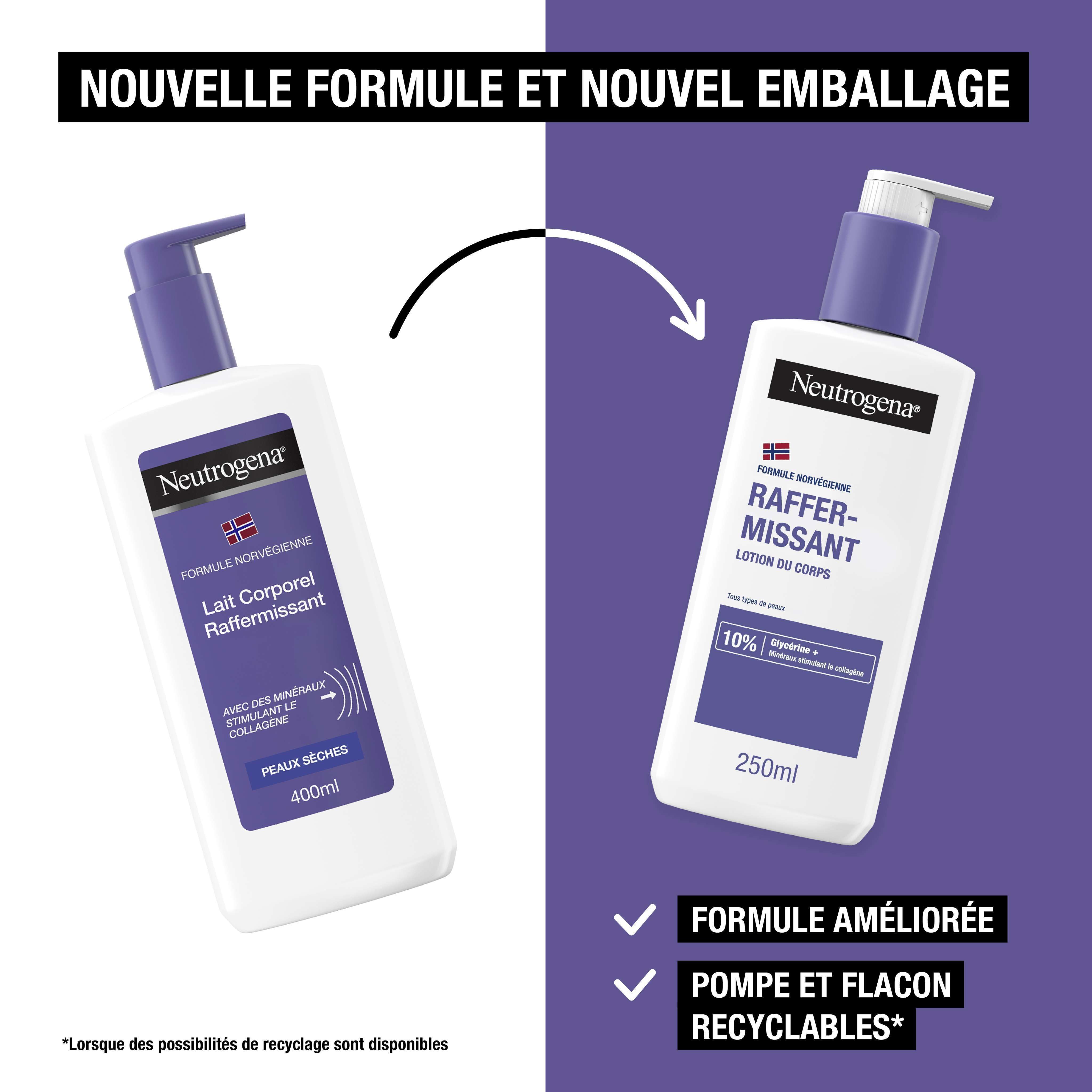 Comparaison de deux flacons. Texte: Nouvelle formule et nouvel emballage. Pompes et flacons recyclables.