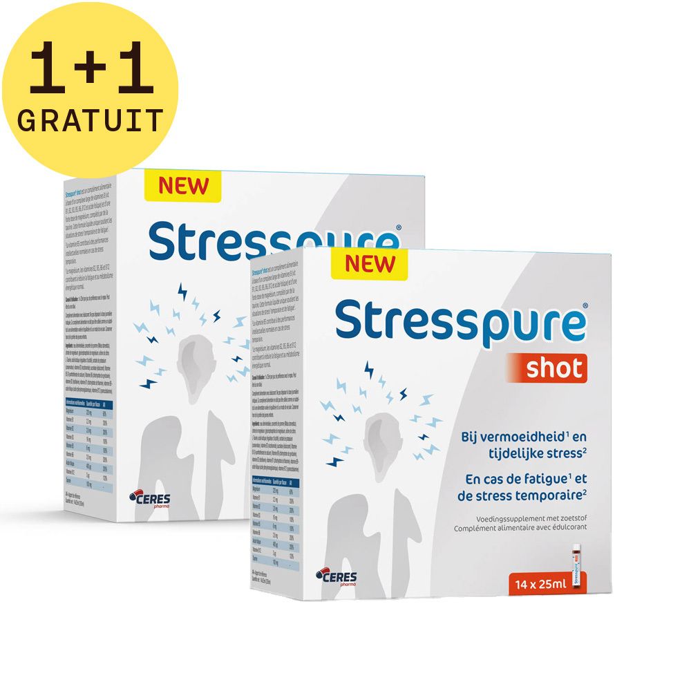 Deux boîtes "Stresspure shot". Inscription "1+1 GRATUIT". Boîtes blanches avec illustrations et texte bleus.