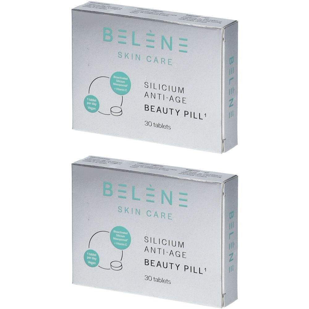 Zwei Schachteln mit "BELENE SKIN CARE"-Logo und "SILICIUM ANTI-AGE BEAUTY PILL"-Aufdruck. Jede Schachtel enthält 30 Tabletten.