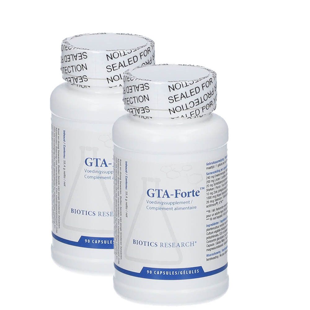 Deux flacons blancs Biotics Research® GTA-Forte™. Inscription : GTA-Forte, 90 capsules. Étiquette avec ingrédients. Sceau : Sealed for Protection.