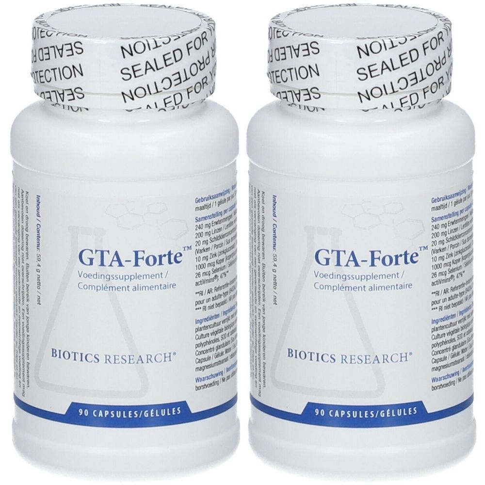 Zwei weiße Flaschen Biotics Research® GTA-Forte™ mit weißen Deckeln. Aufschrift: GTA-Forte, 90 Kapseln. Siegel: Sealed for Protection.