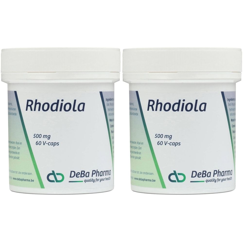 Zwei weiße Behälter mit Rhodiola-Kapseln. Aufschrift: 500 mg, 60 V-caps. DeBa Pharma Logo.