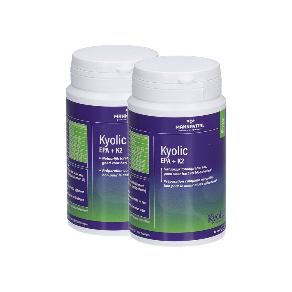 Deux flacons blancs avec étiquettes violettes. Inscription : Mannavital Kyolic EPA+K2. Bouchons à charnière.