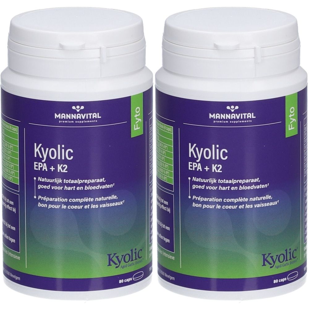 Deux flacons blancs avec étiquettes violettes. Inscription : Mannavital Kyolic EPA+K2. Bouchons à charnière.