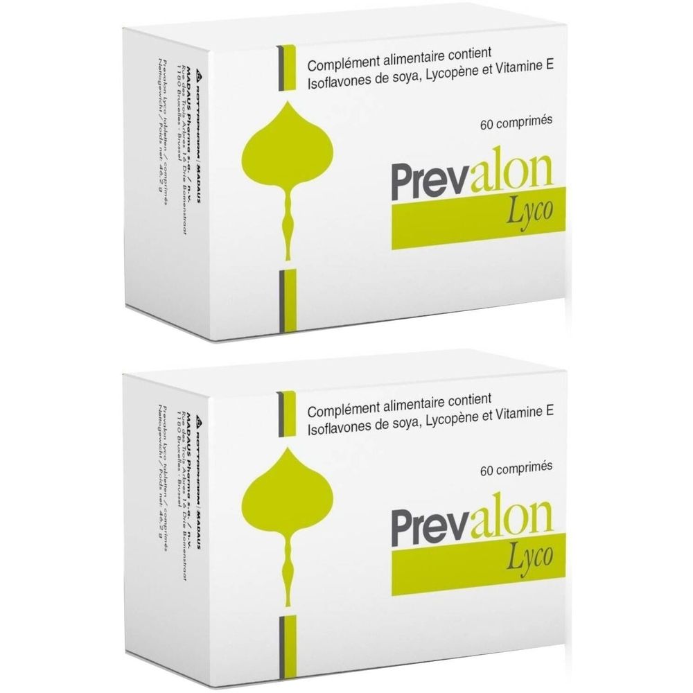 Zwei weiße Schachteln mit der Aufschrift "Prevalon Lyco". Auf jeder Schachtel steht "Complément alimentaire contient".