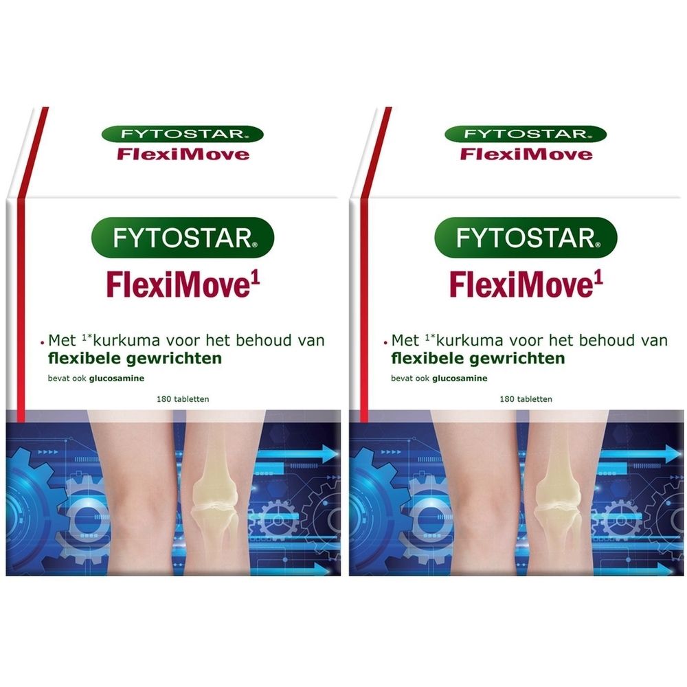 Zwei Packungen Fytostar FlexiMove. Weiße Verpackung mit grünem Logo und Produktnamen. Abbildung eines Kniegelenks.
