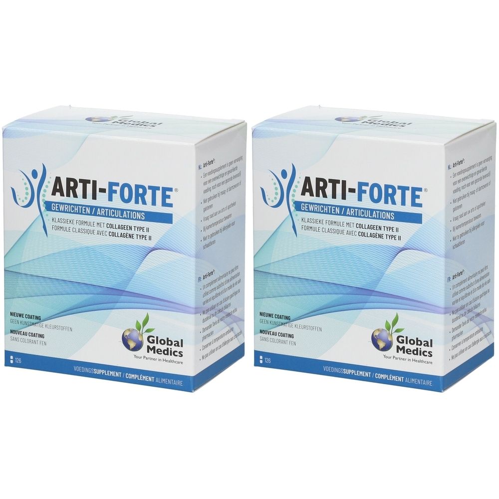 Zwei Schachteln Arti-Forte® Gelenke. Blaue und weiße Verpackung mit Logo und Text. Global Medics Logo unten.