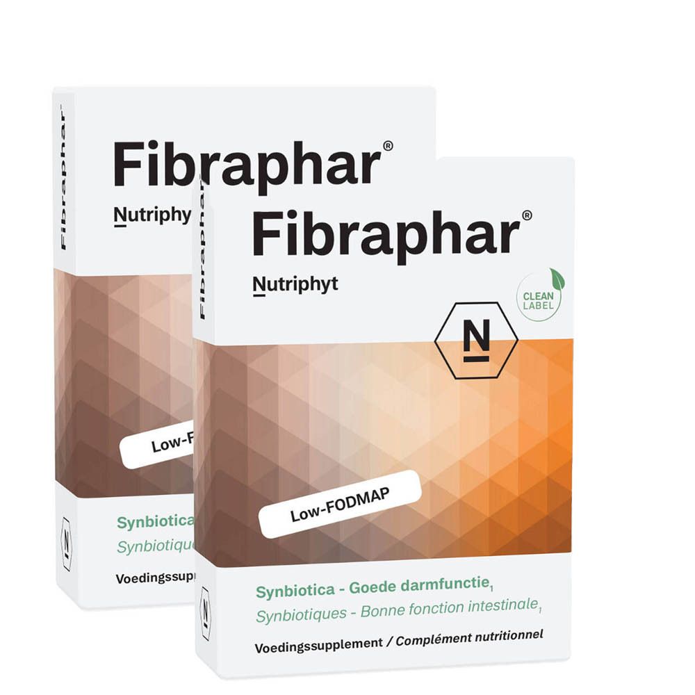 Deux boîtes Fibraphar, fond blanc et orange. Texte: Nutriphyt, Low-FODMAP, Synbiotica, Clean Label.