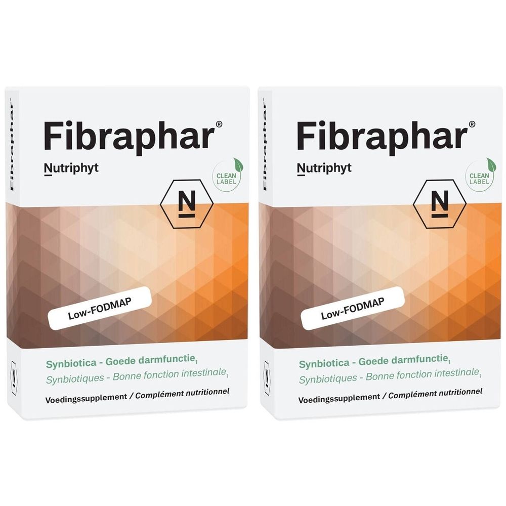 Deux boîtes Fibraphar, fond blanc et orange. Texte: Nutriphyt, Low-FODMAP, Synbiotica, Clean Label.