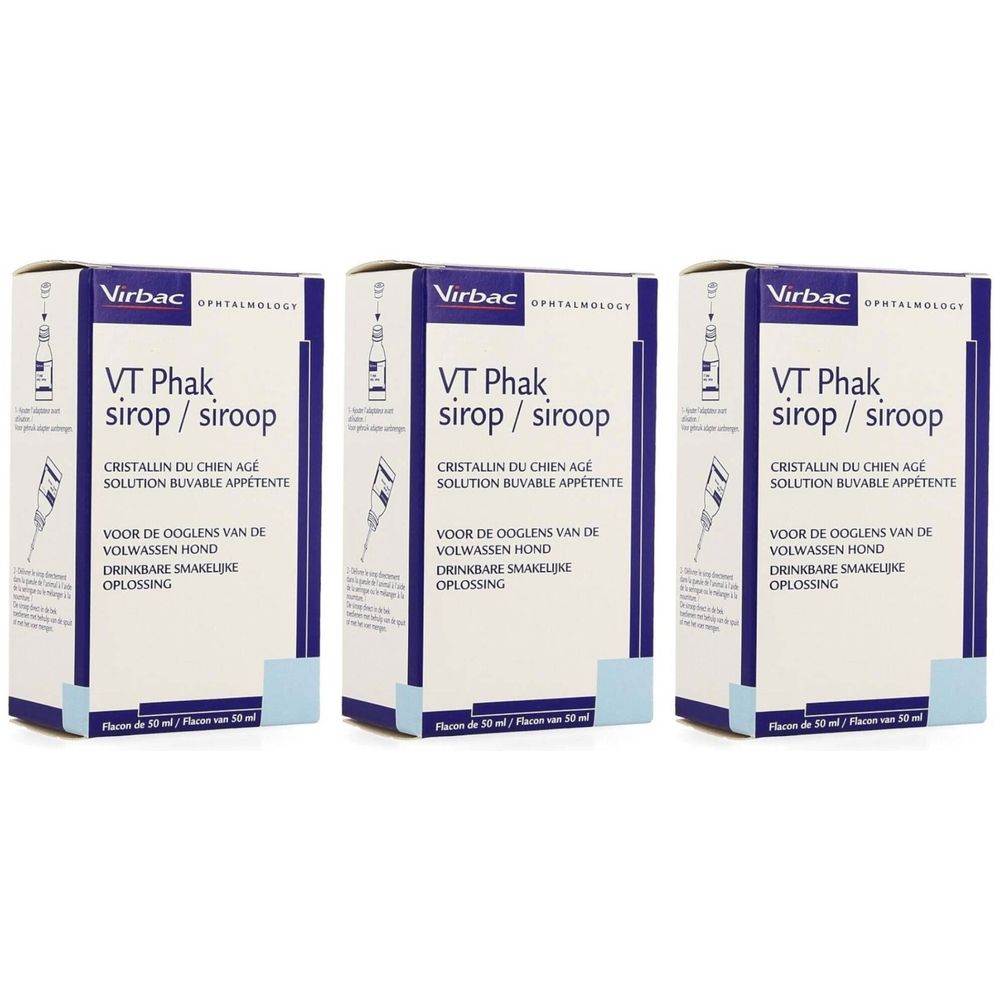 Drei Kartons Virbac VT Phak Sirup. Weiß, blau und lila. Text: VT Phak Sirup, für Hunde. Flaschen-Abbildung.