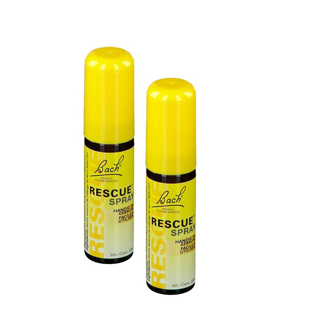 Deux sprays jaunes avec texte noir. Inscription: Bach Rescue Spray. Flacons avec vaporisateur.