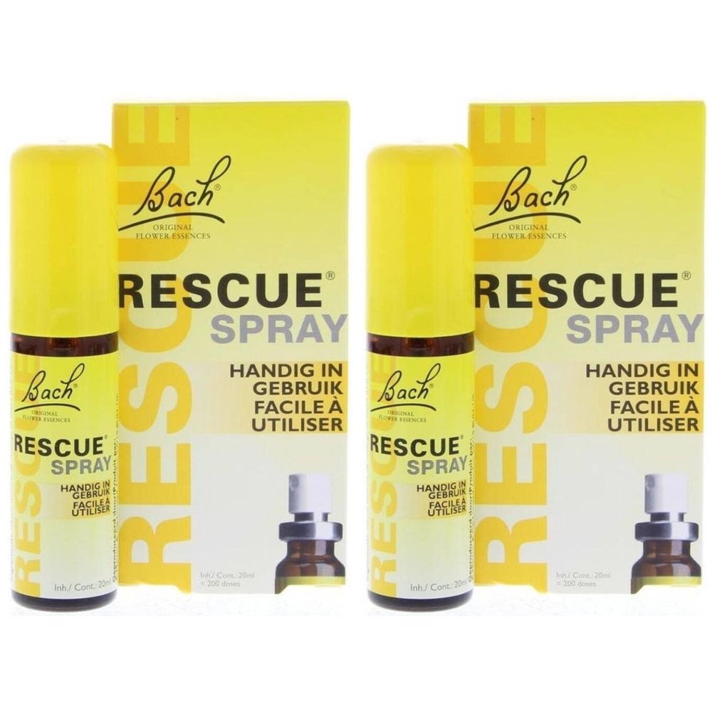 Zwei gelbe Sprays mit gelben Verpackungen. Aufschrift: Bach Rescue Spray. Flaschen mit Sprühkopf.