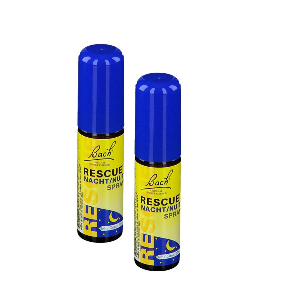 Deux sprays bleus. Étiquettes jaunes avec texte: Rescue Nuit Spray. Logo Bach.