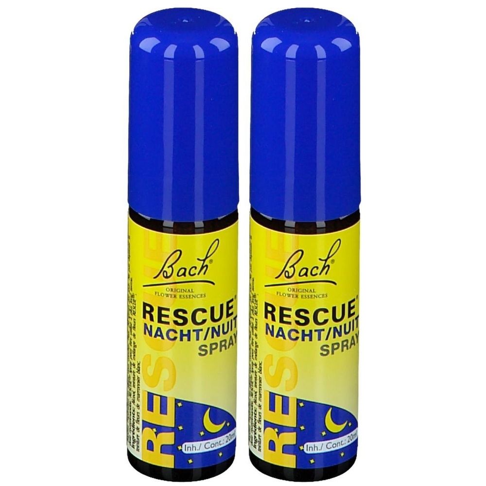Deux sprays bleus. Étiquettes jaunes avec texte: Rescue Nuit Spray. Logo Bach.