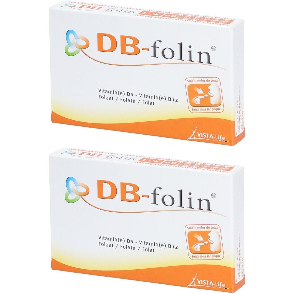 Zwei Packungen DB-folin. Aufschrift: Vitamin(e) D3 - Vitamin(e) B12, Folaat / Folate / Folat. Logo mit stilisiertem Baby. VISTA-life Logo.