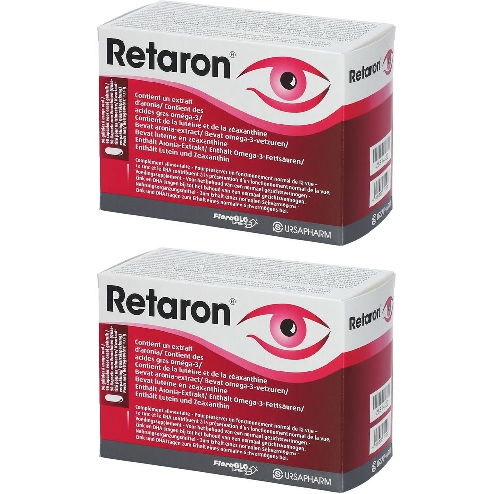 Deux boîtes de Retaron. Emballage rouge et blanc avec nom du produit et illustration d'un œil. Texte multilingue.