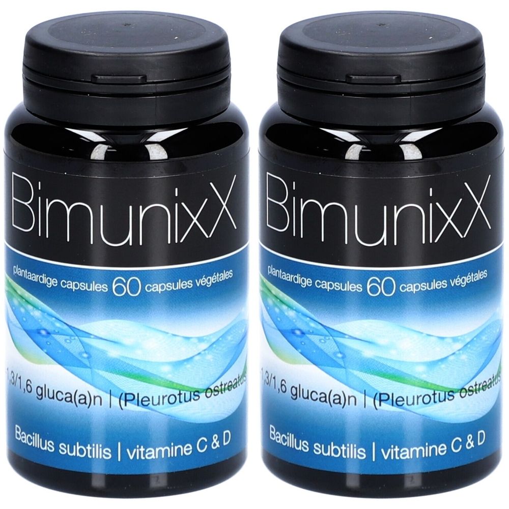 Zwei schwarze Flaschen mit weißer Aufschrift BimunixX. Aufschrift: 60 pflanzliche Kapseln, Inhaltsstoffe.