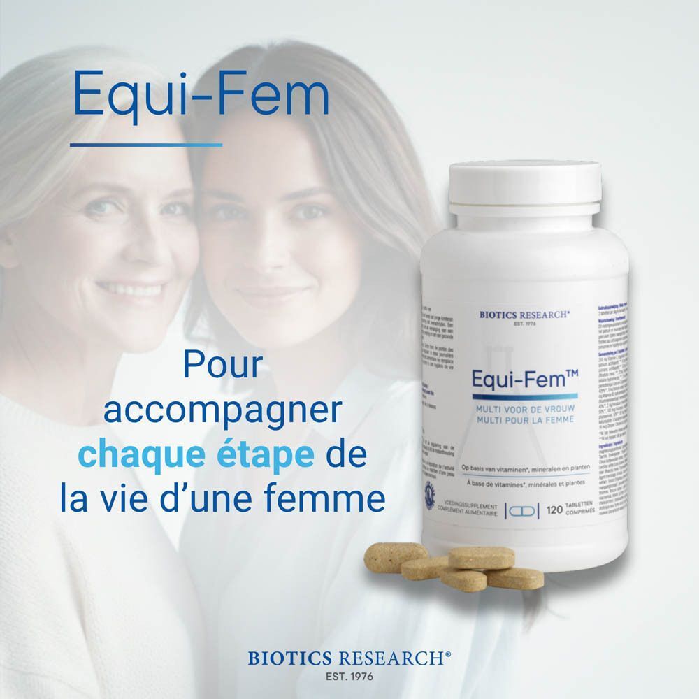 Flacon d'Equi-Fem™ devant deux femmes souriantes. "Pour accompagner chaque étape de la vie d'une femme."