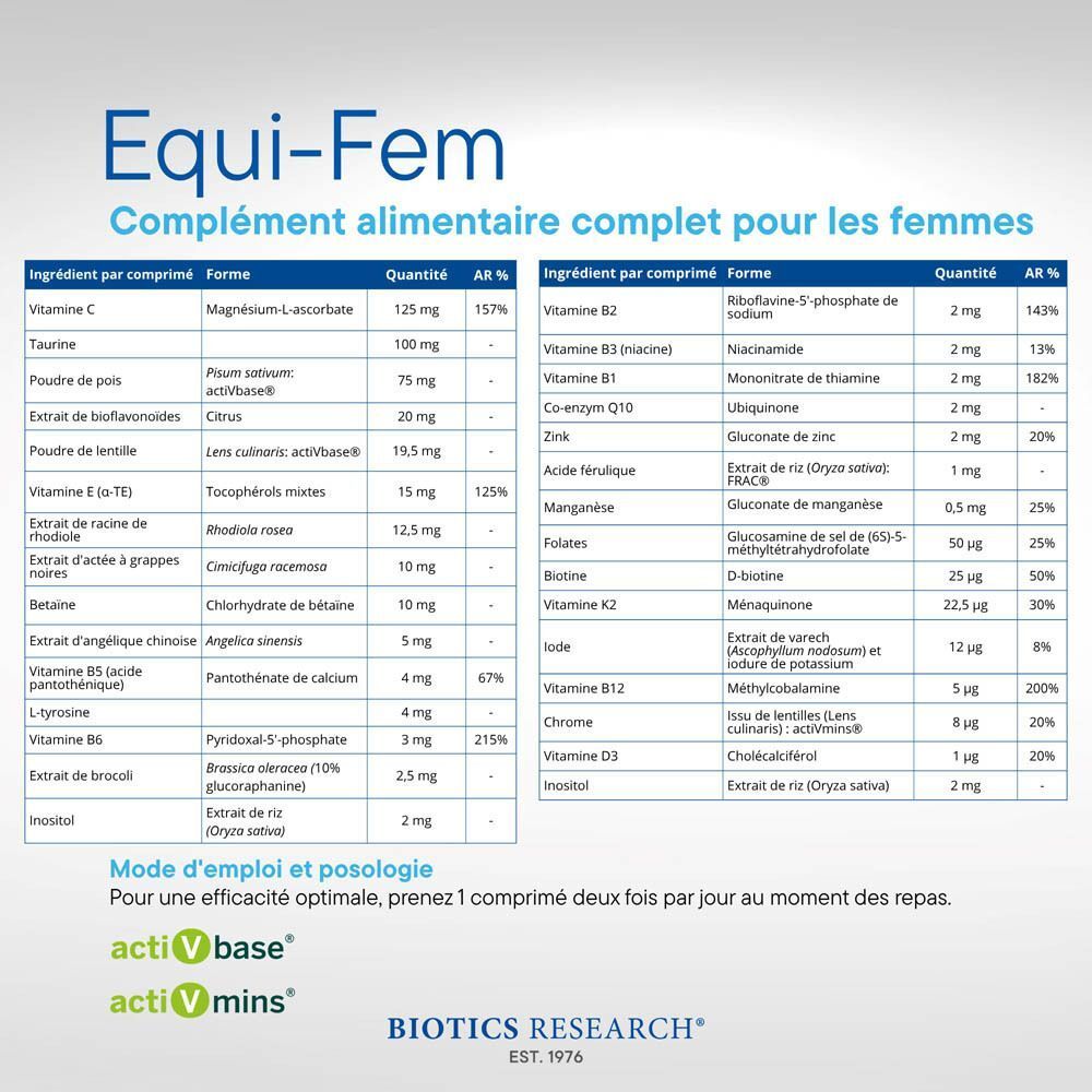 Flacon d'Equi-Fem™ avec tableau nutritionnel détaillé et instructions d'utilisation.