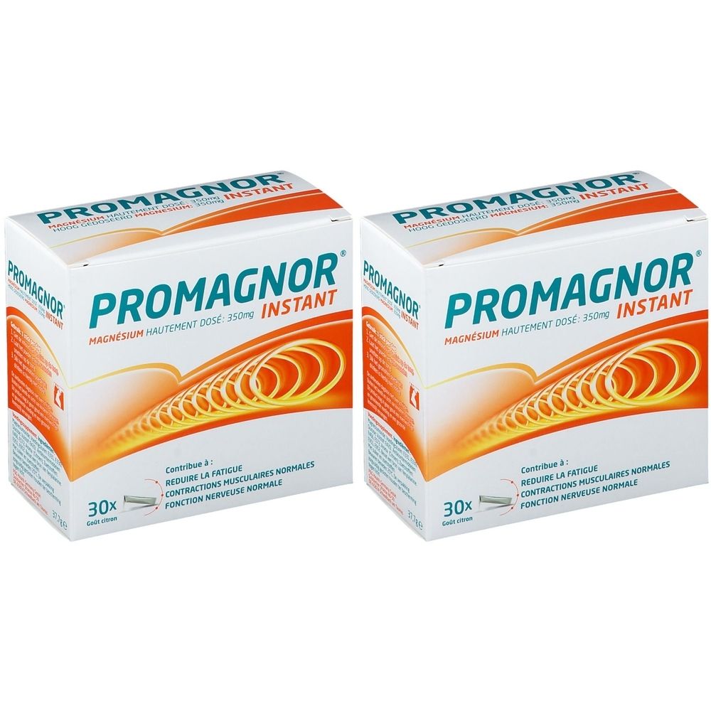 Zwei Packungen Promagnor Instant. Weiße Schachteln mit blau-orangefarbenem Logo und Text. Enthält 30 Beutel.