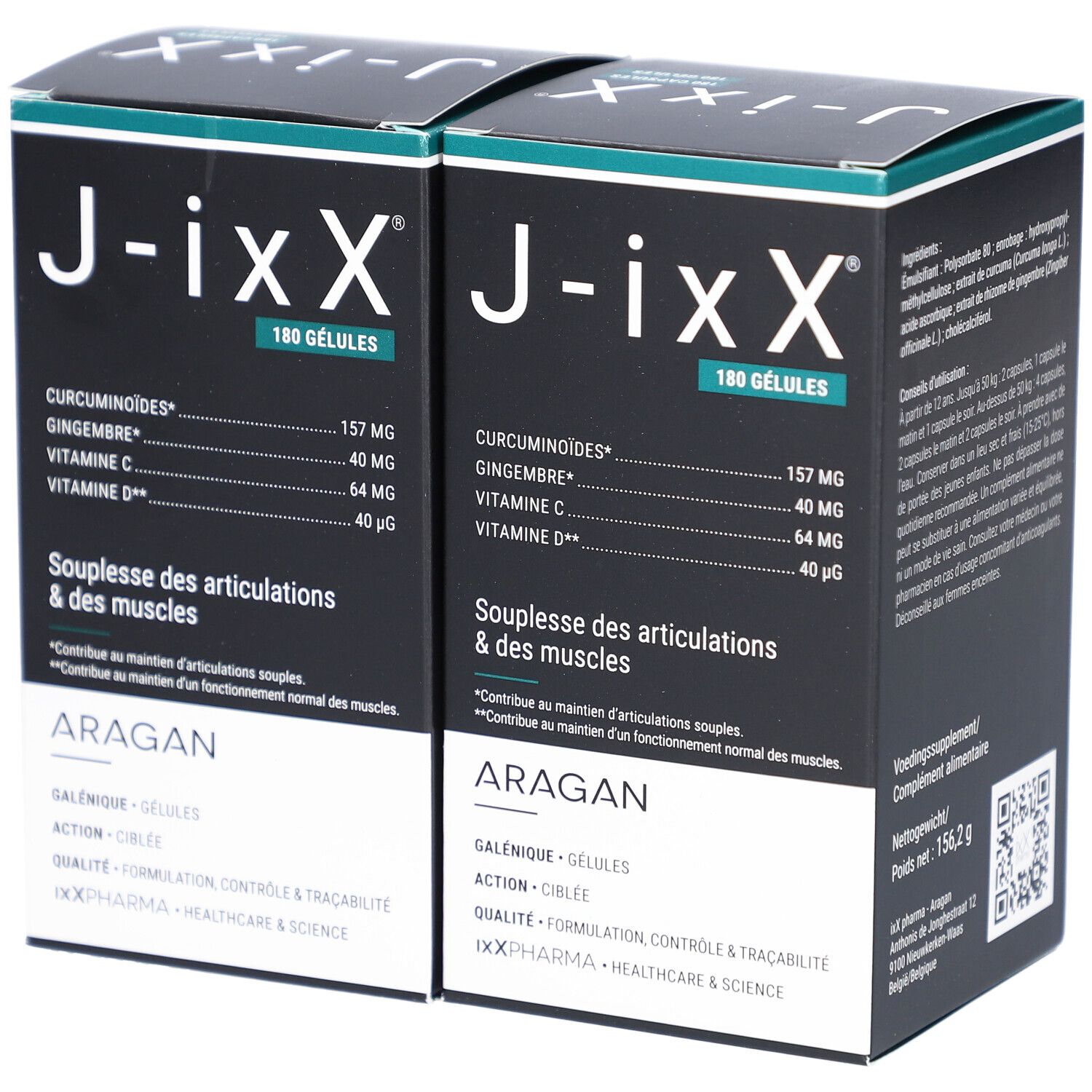 Zwei Schachteln mit schwarzem Deckel. Aufschrift: J-ixX, 180 Gelules. Text: Geschmeidigkeit der Gelenke & Muskeln. Marke: ARAGAN.